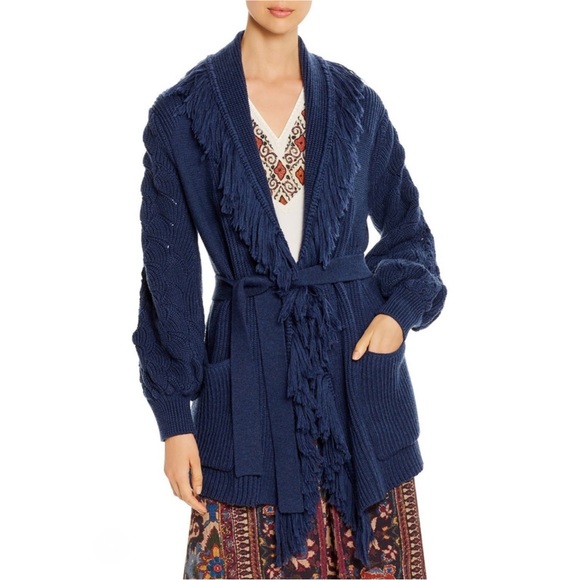 KOBI HALPERIN NWT Luxe Wool Knit Navy Blue Monica Fringe Belted Cardigan Sweater - Picture 3 of 16